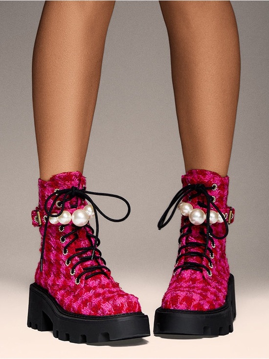 Betsey Johnson Pink Tweed Combat Boots with Pearls Size 8 NWOB